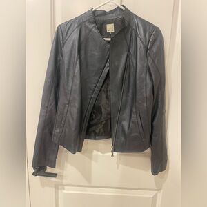 Ecru Navy Blue Leather Biker Jacket Size Small